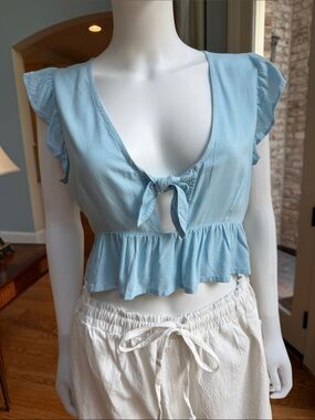 Roxy Light Blue Tie-Front Ruffle Crop Top